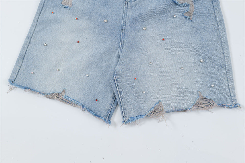 Rhinestone Raw Edge Denim Shorts Men