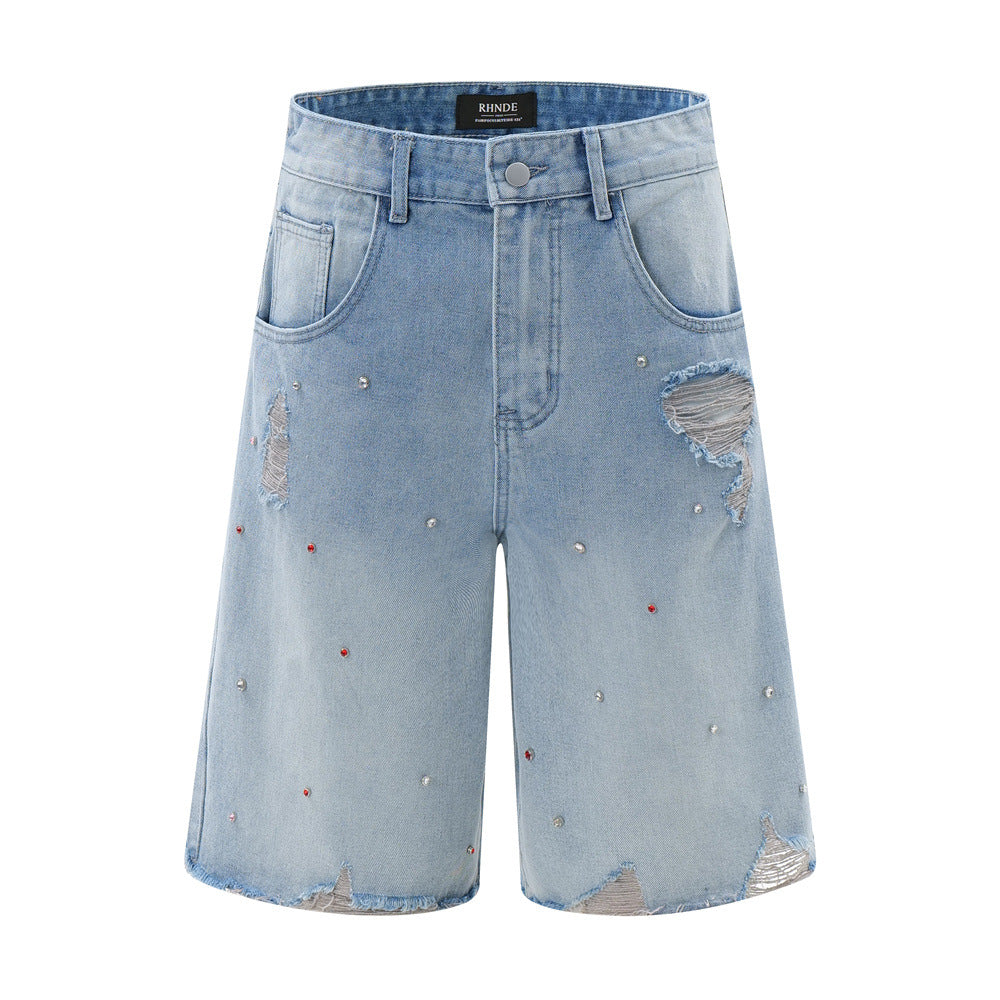 Rhinestone Raw Edge Denim Shorts Men
