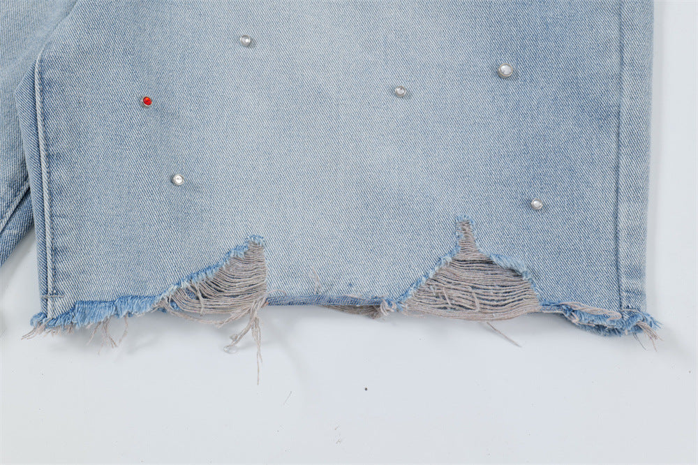 Rhinestone Raw Edge Denim Shorts Men