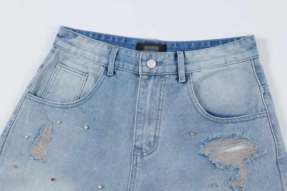 Rhinestone Raw Edge Denim Shorts Men
